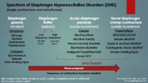 This new SIDS hypothesis, respiratory arrest by diaphragm cramp, is thought to represent just one along a spectrum of contractile disorders where the diaphragm contracts with automaticity (on its own). It is like diaphragm paralysis caused by succinylcholine or neuromuscular blockers like curare, tetanus, botulism and nicotine. It is the cause of death in nicotine poisoning (by oral ingestion). There is overlap here too with sepsis and malignant hyperthermia, thte latter causing muscle rigidity, spasms and cramps of the limbs. Death in that condition is thought due to DCC respiratory arrest. Experimental endotoxins, emulating severe sepsis in dogs, caused diaphragm fatigue and sudden failure (likely by DCC).